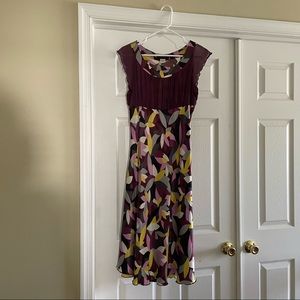 100% silk dress purple yellow silver leaf print